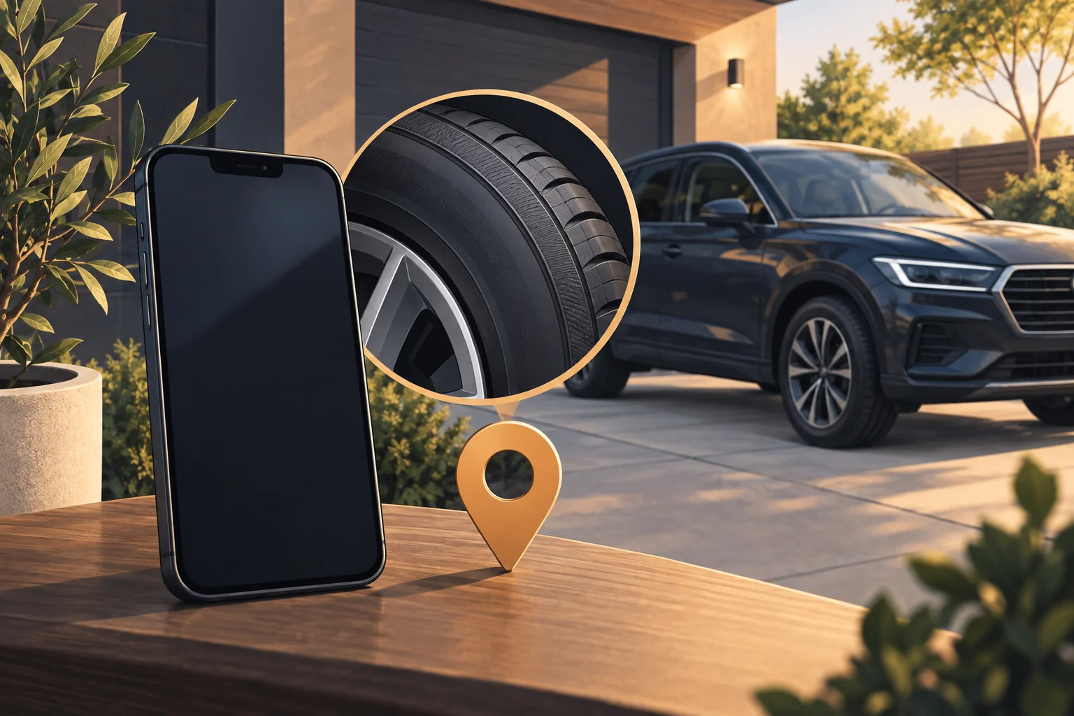 Illustration: Editorial still life: smartphone blank dark screen, a tyre-sidewall picture motif without text, simple location pin symbol, safely parked car in private bay in background